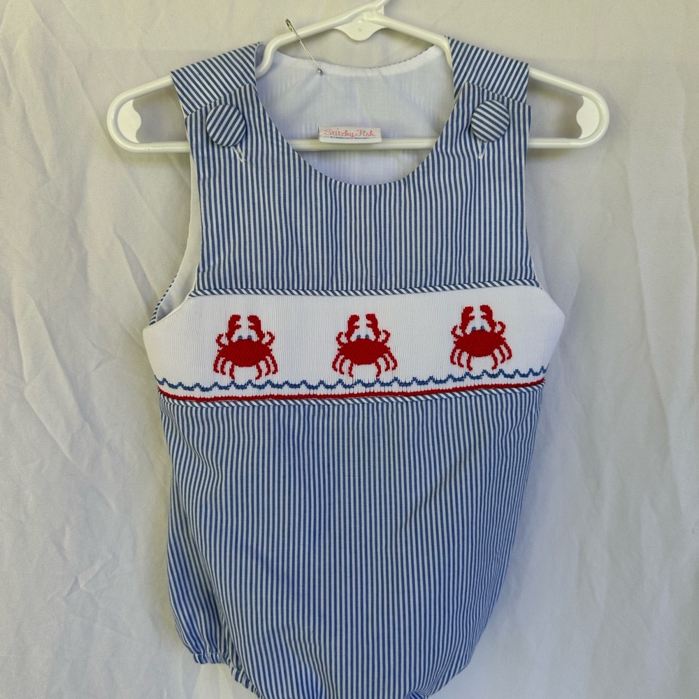 Smocked Crab Seersucker Bubble - Blue & White